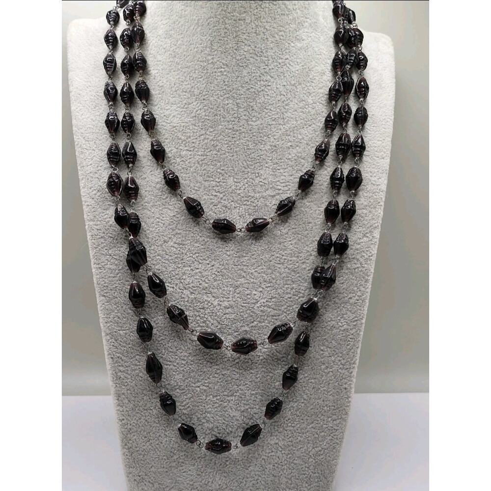Vintage 1930s 1950s Czech Glass Necklace 60" Hand Linked Jet Black Purple Beads